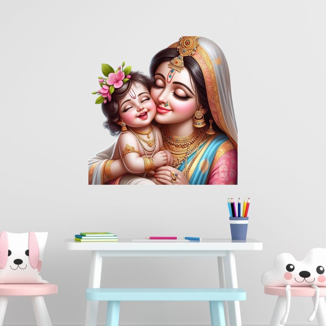 Cryptofeno Hindu Devotional Krishna Wall Sticker, Traditional Krishna and Yashoda Digital Print, Living Room Decor, Multicolour Krishna