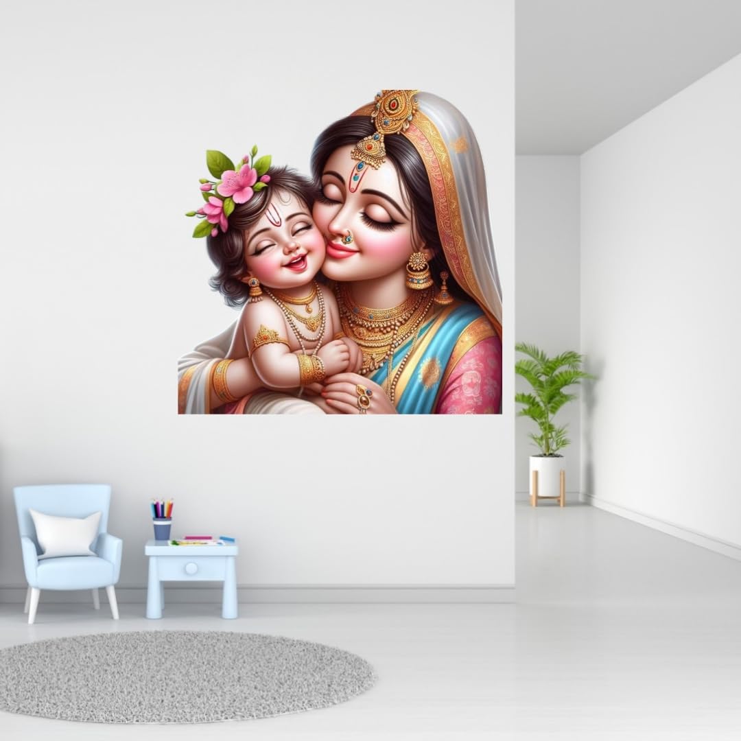 Cryptofeno Hindu Devotional Krishna Wall Sticker, Traditional Krishna and Yashoda Digital Print, Living Room Decor, Multicolour Krishna