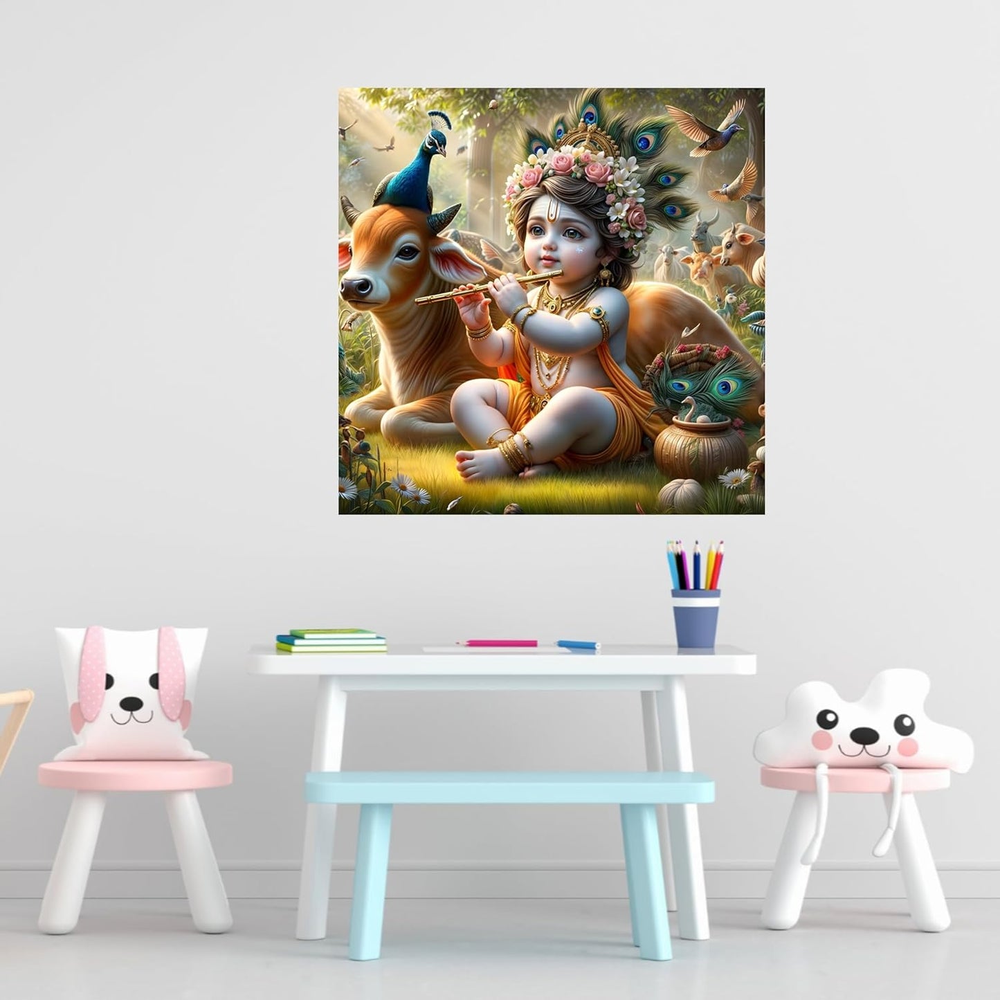 Cryptofeno Divine Baby Krishna Poster - Spiritual Wall Décor with Flute, Peacock & Floral Elegance - Perfect for Prayer Room, Living Room & Bedroom - Premium Print - Size 40 x 40 cm