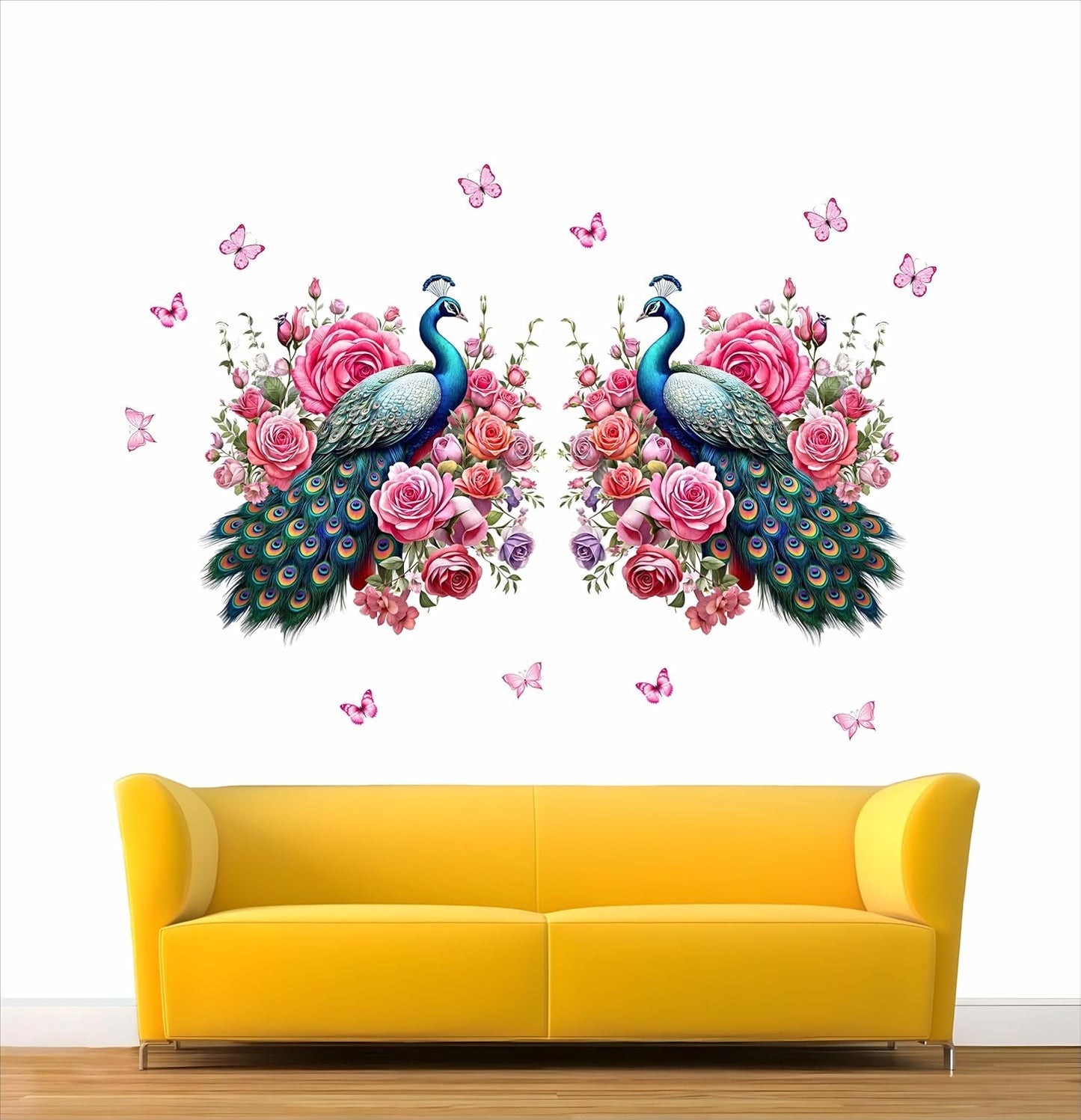 Decorative Pink Two Peacock Wall Sticker | Artistic Floral Décor with Roses & Butterflies | Premium PVC Vinyl | Self-Adhesive Design for Living Room, Bedroom & Modern Spaces | Size 35 x 65 cm