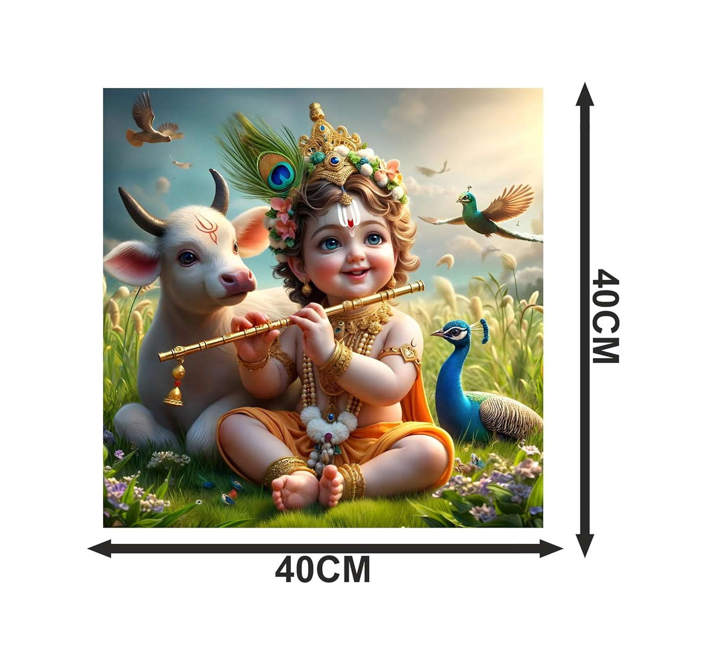 Cryptofeno Lord Krishna Poster Divine Flute-Playing Design with Peacock & Calf Spiritual Wall Décor for Home & Temple