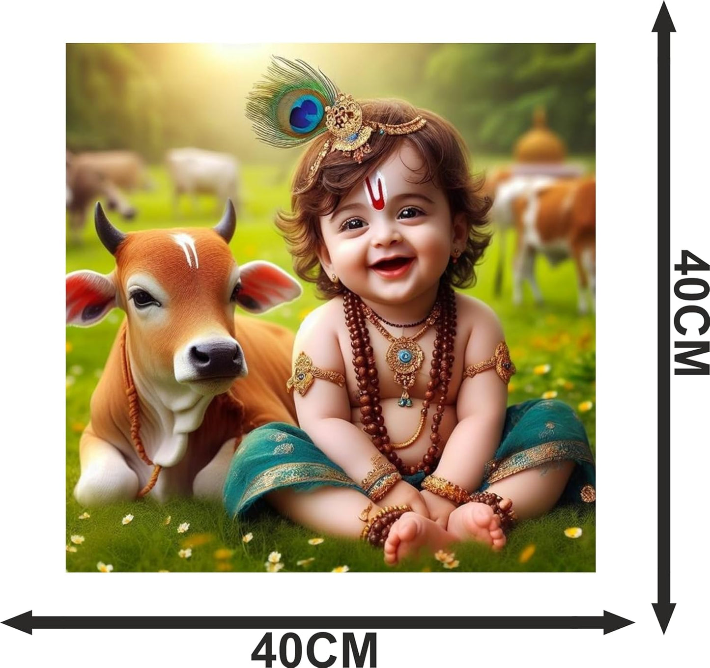Cryptofeno Traditional Krishna Theme Wall Art Print with Cow, Religious Spiritual Decor Photography, 40 x 40cm