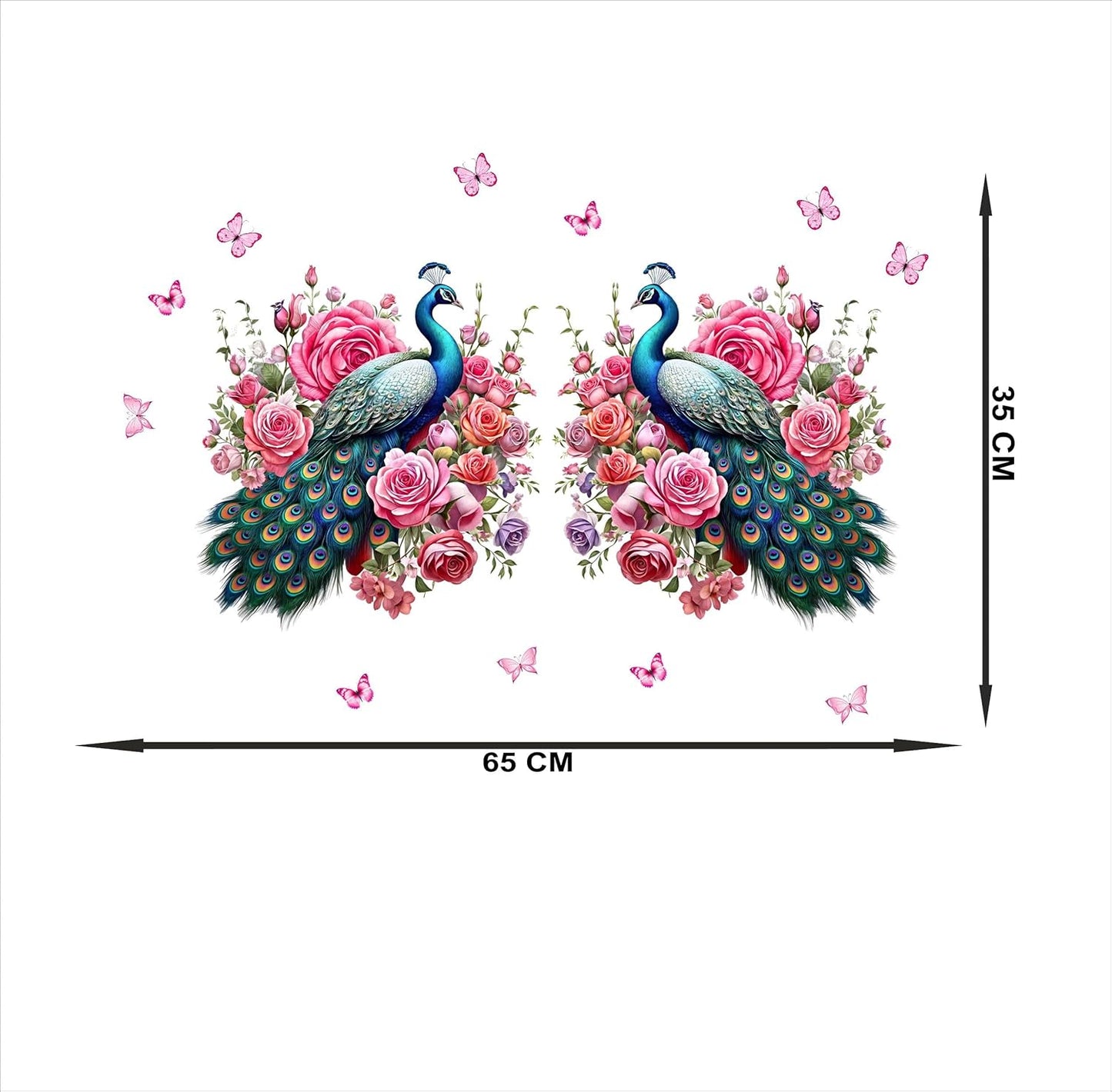 Decorative Pink Two Peacock Wall Sticker | Artistic Floral Décor with Roses & Butterflies | Premium PVC Vinyl | Self-Adhesive Design for Living Room, Bedroom & Modern Spaces | Size 35 x 65 cm