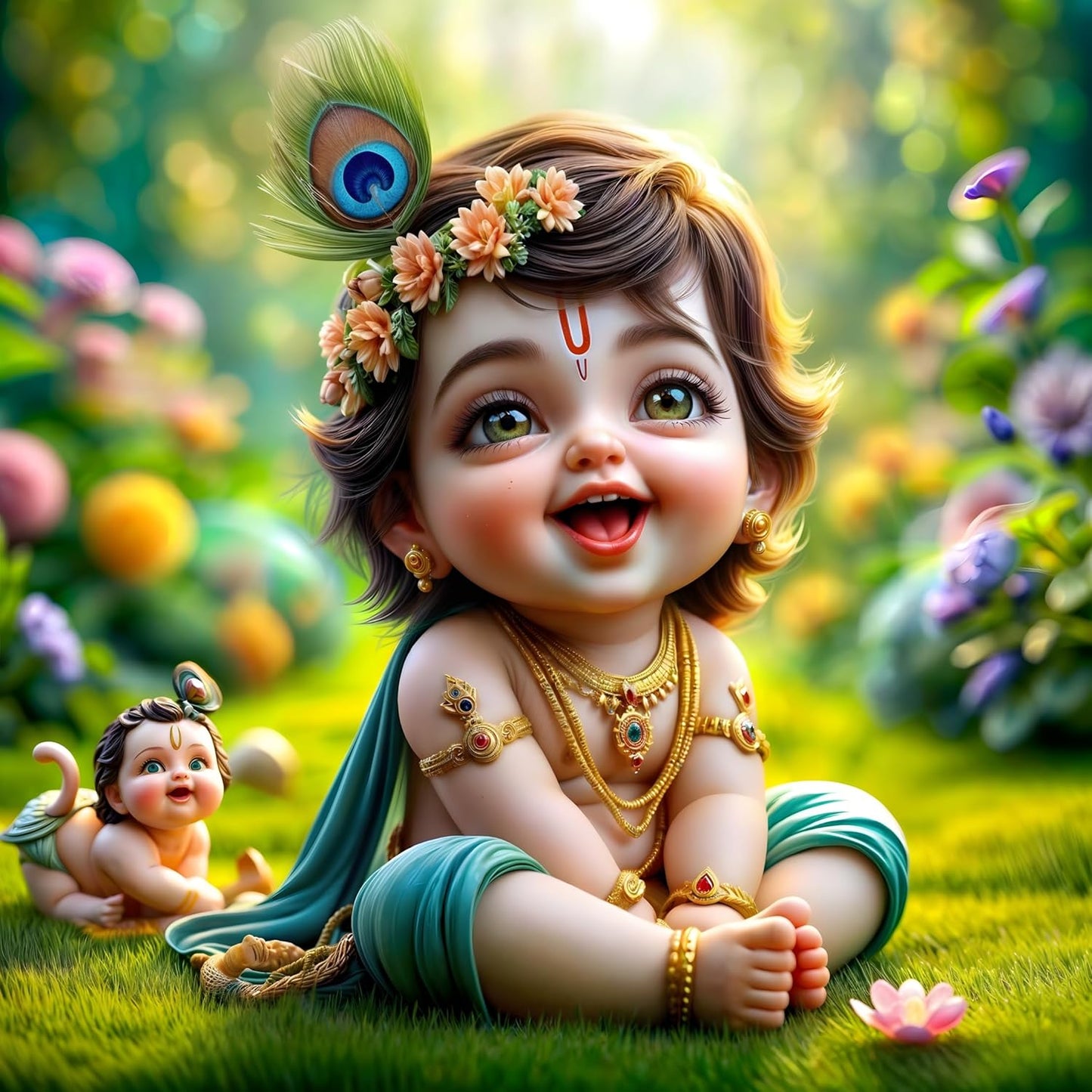 Baby Krishna Wall Sticker | Divine Décor with Flute, Peacock Feather & Gold Jewelry | Premium PVC Vinyl Material | Perfect for Living Room, Bedroom, Prayer Area | Dimensions: 40 x 40 cm