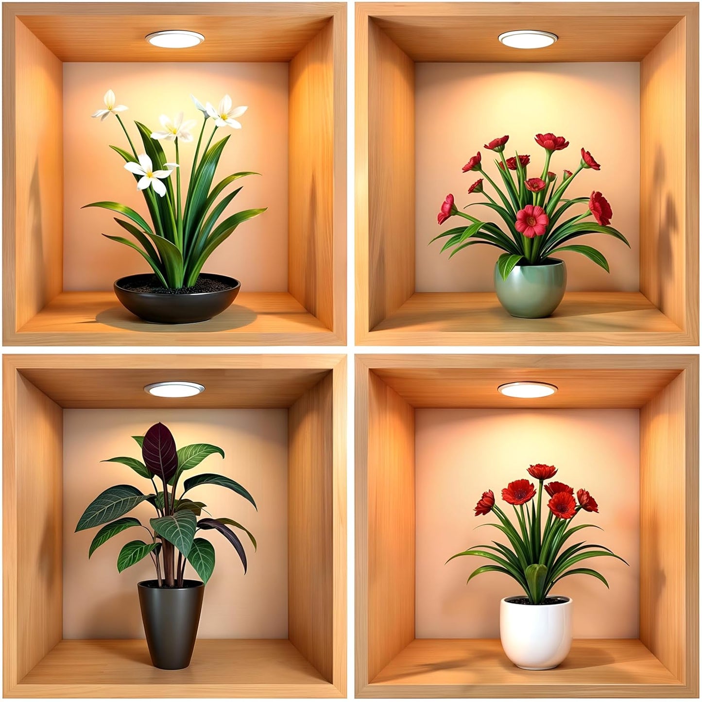 Decorative Wall Sticker Display Shelves with Artificial Plants, Set of 4, Wooden Frame with LED Spotlight