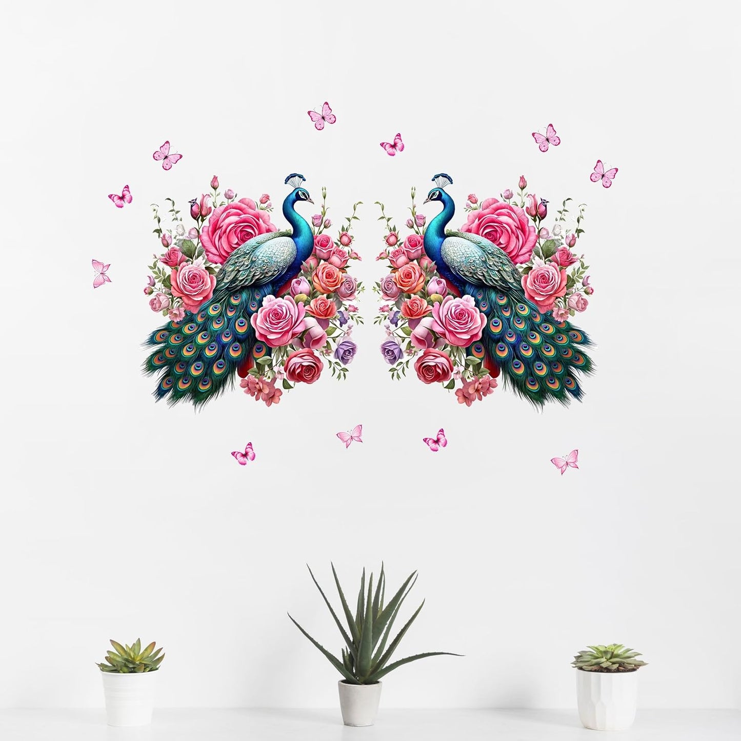 Decorative Pink Two Peacock Wall Sticker | Artistic Floral Décor with Roses & Butterflies | Premium PVC Vinyl | Self-Adhesive Design for Living Room, Bedroom & Modern Spaces | Size 35 x 65 cm