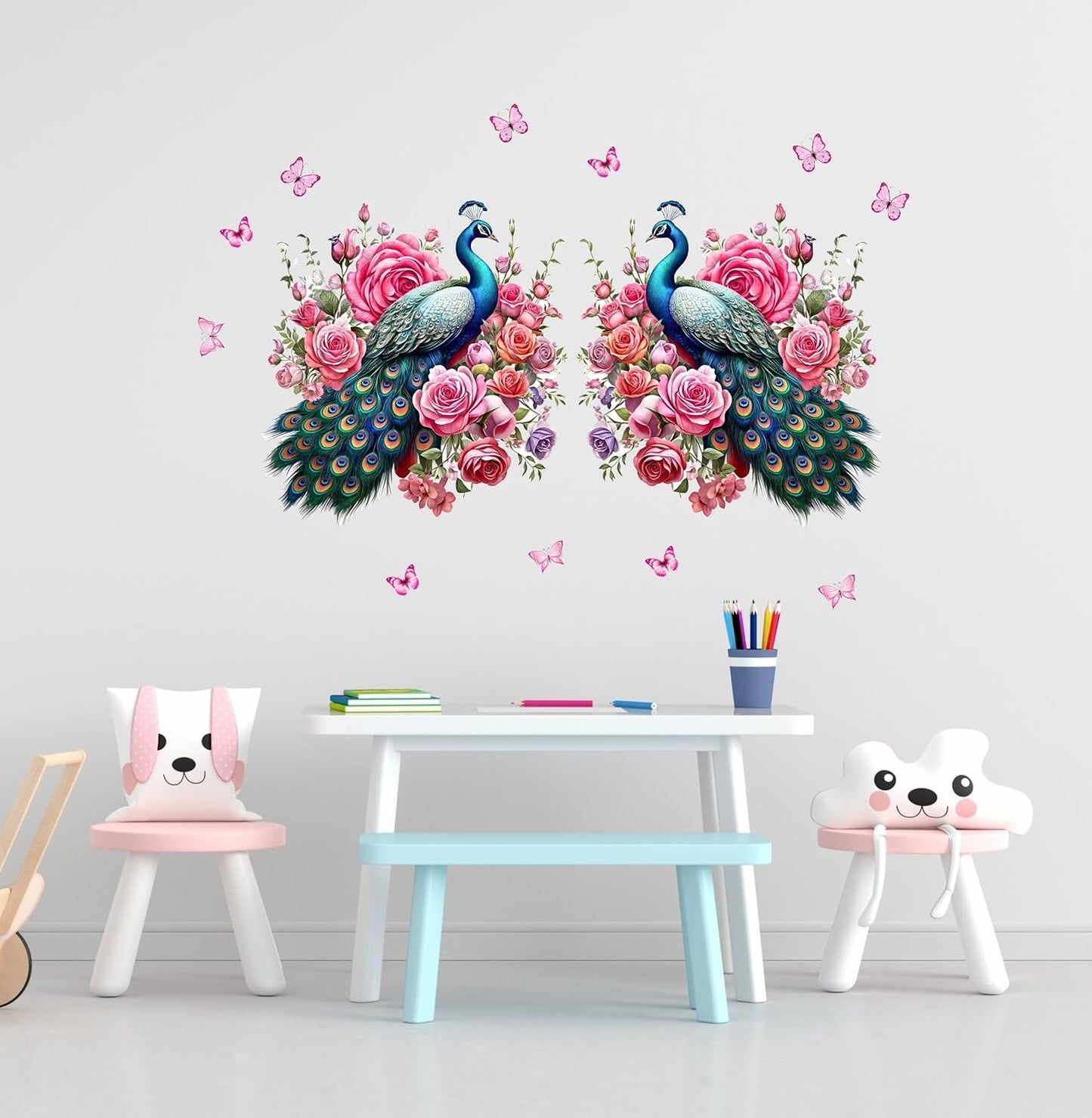 Decorative Pink Two Peacock Wall Sticker | Artistic Floral Décor with Roses & Butterflies | Premium PVC Vinyl | Self-Adhesive Design for Living Room, Bedroom & Modern Spaces | Size 35 x 65 cm