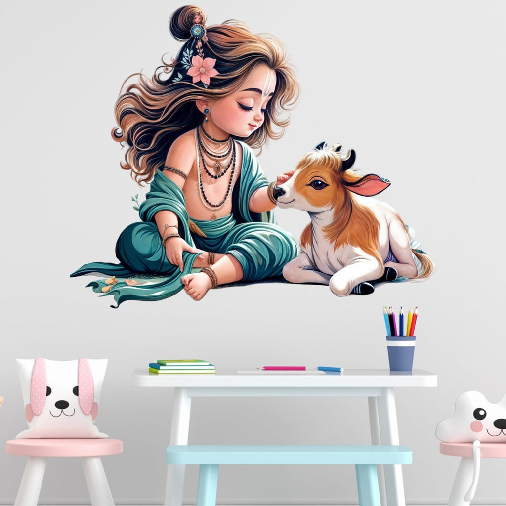 Divine Krishna with Cow Wall Sticker - Serene Spiritual Décor to Beautify Your Home and Living Wall Decor