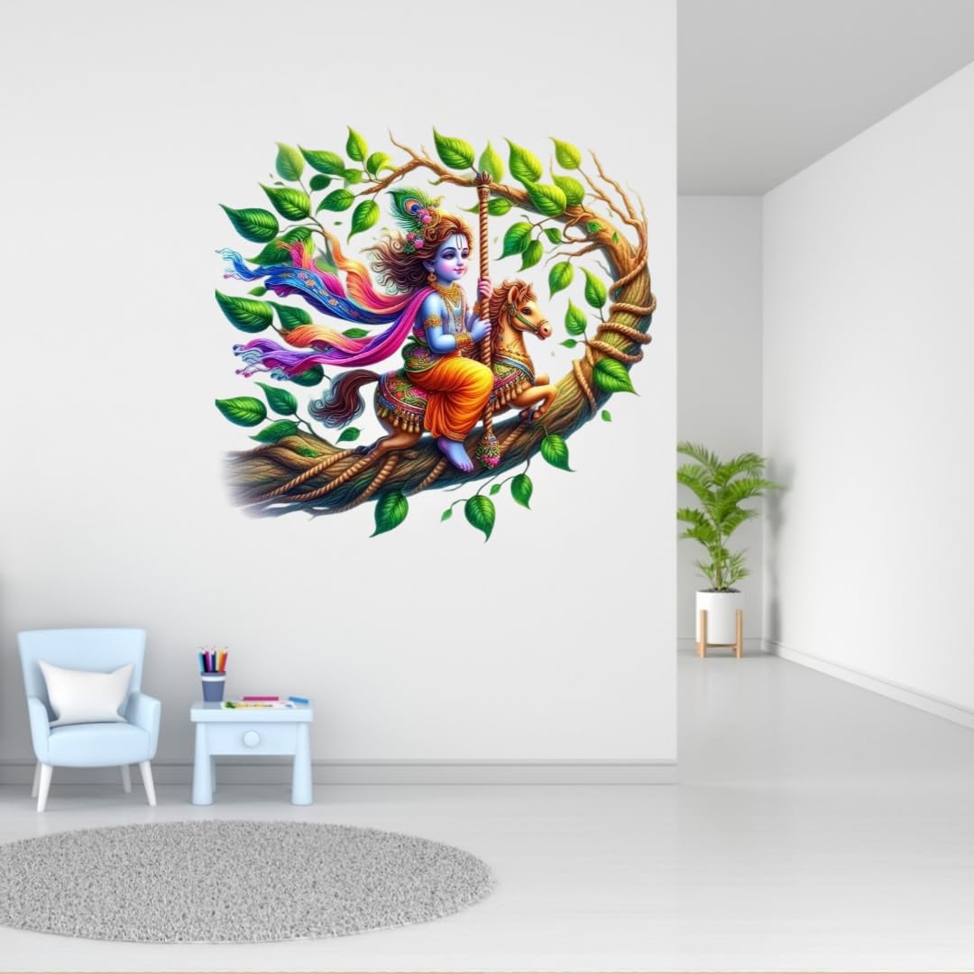 Hindu Deity Krishna on Swing Wall Sticker, Decorative Vinyl Art Sticker for Home, Multicolour