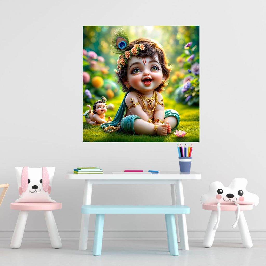Baby Krishna Wall Sticker | Divine Décor with Flute, Peacock Feather & Gold Jewelry | Premium PVC Vinyl Material | Perfect for Living Room, Bedroom, Prayer Area | Dimensions: 40 x 40 cm