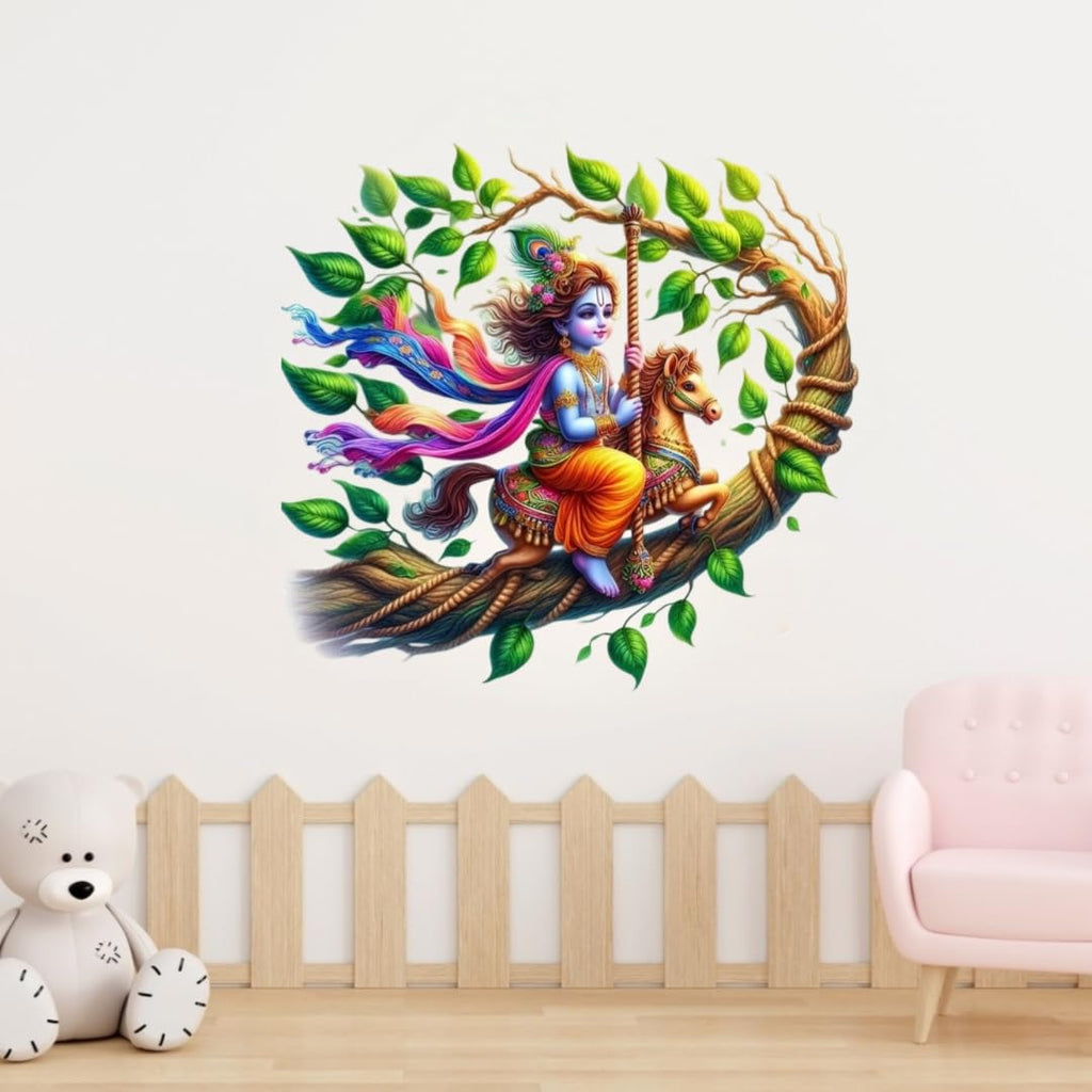 Hindu Deity Krishna on Swing Wall Sticker, Decorative Vinyl Art Sticker for Home, Multicolour