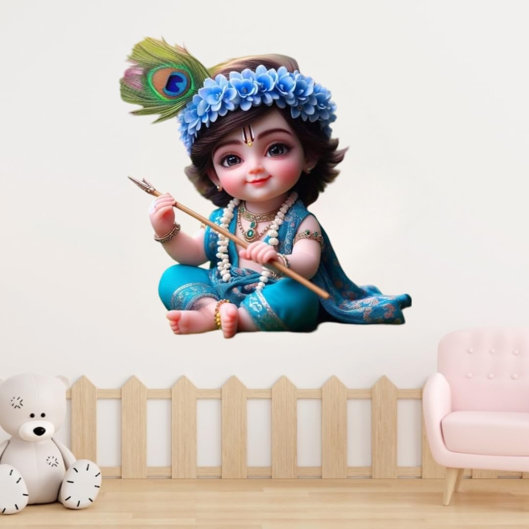 Lord Krishna Wall Sticker, Blue Floral Crown with Peacock Feather, Religious Home Decor, 45x60 cm