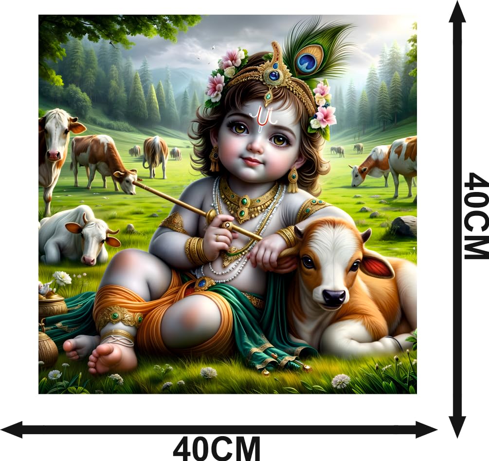 Cryptofeno Baby Krishna Wall Poster - Artistic Spiritual Décor with Flute, Cow & Peacock - Vibrant Colors for Home & Sacred Spaces - Premium Material 40 x 40 cm