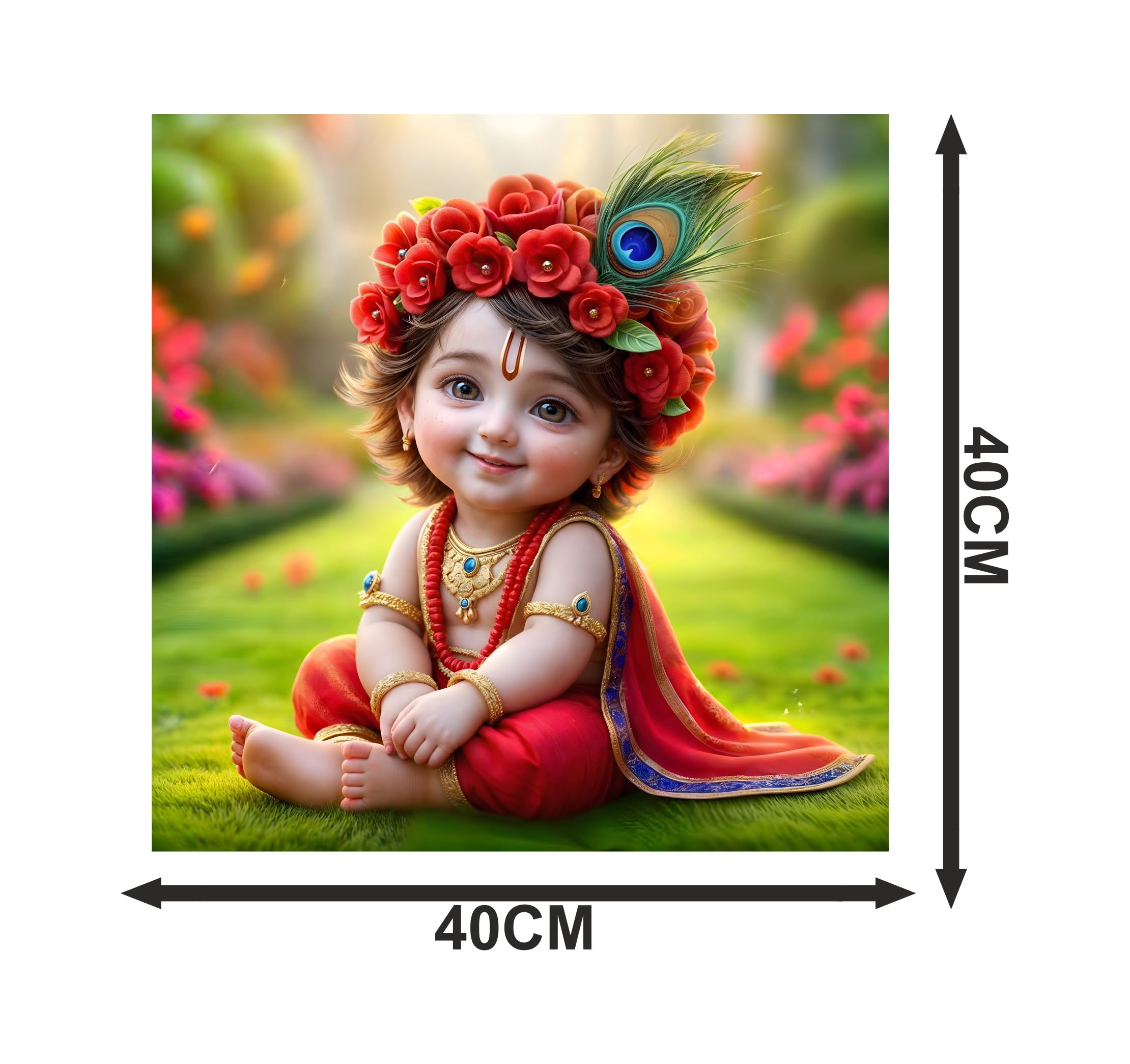 Baby Krishna Poster | Spiritual Wall Décor with Peacock & Floral Charm | Premium Art for Living Room, Bedroom & Prayer Room | Vibrant Colors & Intricate Detailing | Perfect Home Décor | 40 x 40 cm