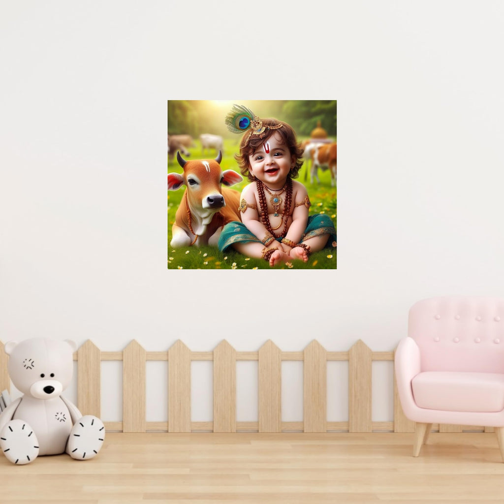 Cryptofeno Traditional Krishna Poster Wall Sticker Art Print with Cow, Religious Spiritual Decor Photography, 40 x 40cm