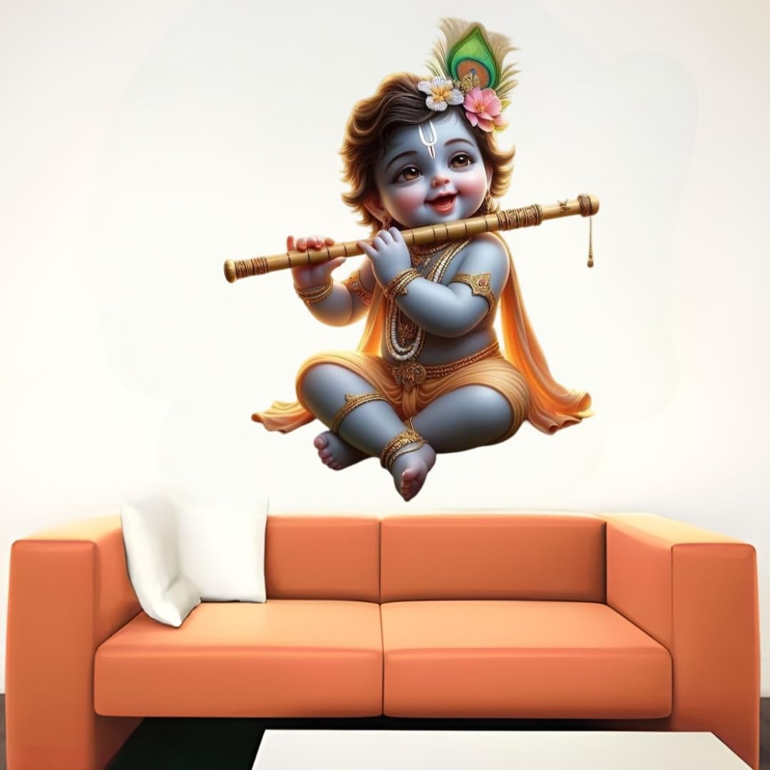 Cute Baby Krishna Wall Sticker, Large Decorative Vinyl Sticker with Flute Design, Orange and Blue
