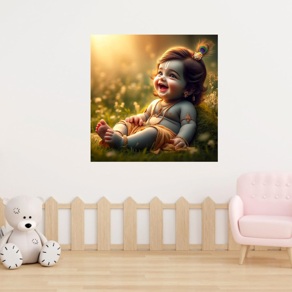 Baby Krishna Wall Sticker | Divine Décor Featuring Peacock Feather, Flute & Traditional Jewelry | Premium PVC Vinyl | Vibrant | Ideal for Living Room, Bedroom & Prayer Area | 40 x 40 cm