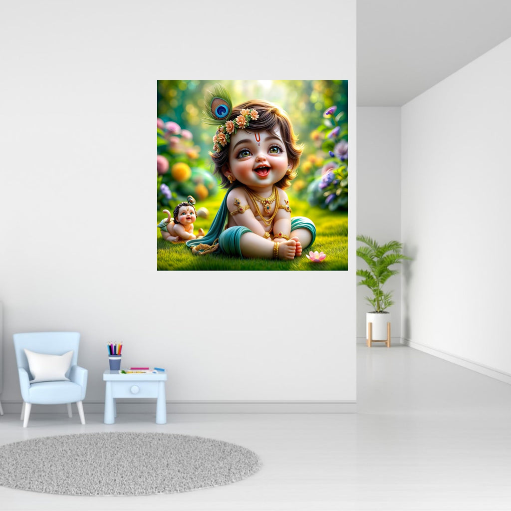 Baby Krishna Wall Sticker | Divine Décor with Flute, Peacock Feather & Gold Jewelry | Premium PVC Vinyl Material | Perfect for Living Room, Bedroom, Prayer Area | Dimensions: 40 x 40 cm