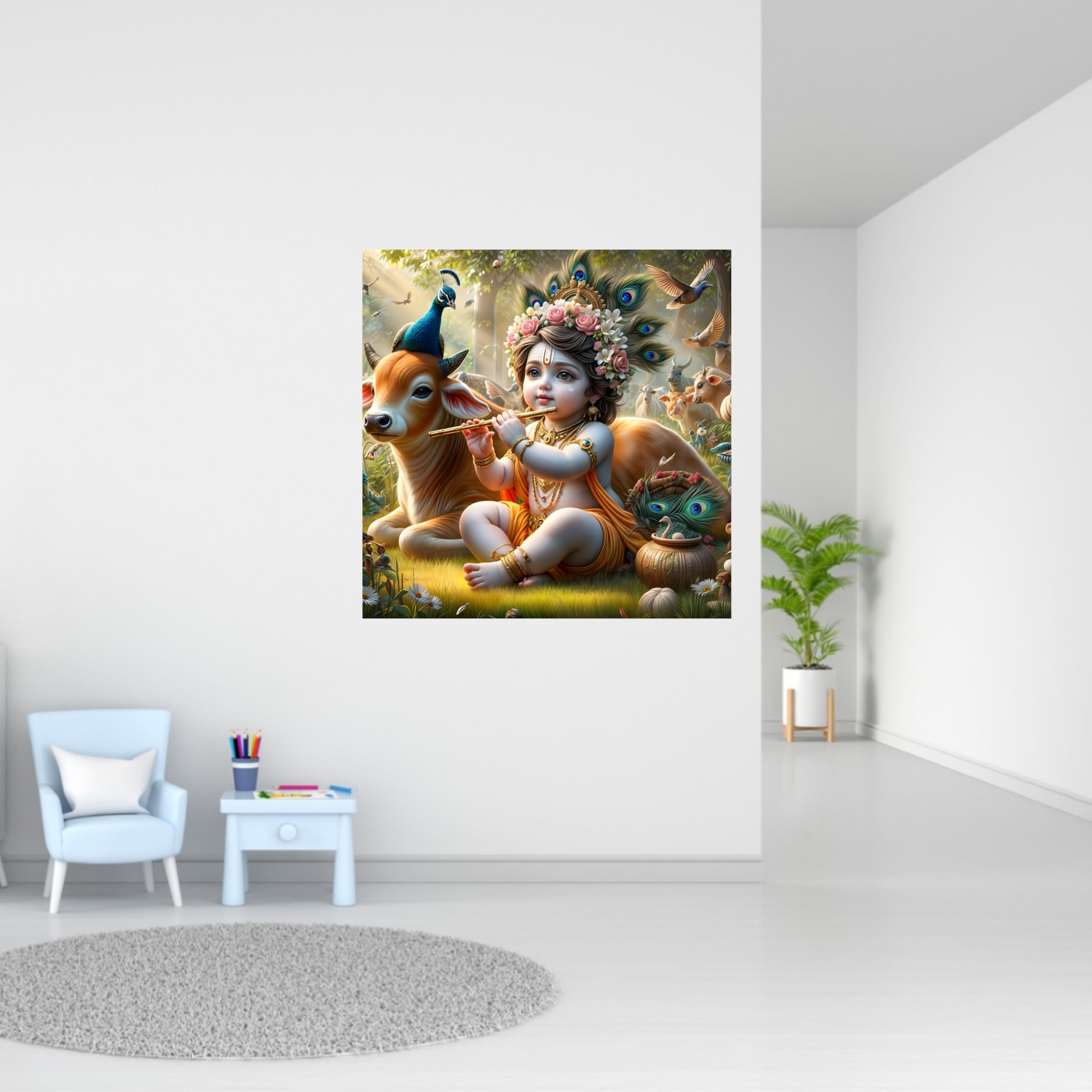 Cryptofeno Divine Baby Krishna Poster - Spiritual Wall Décor with Flute, Peacock & Floral Elegance - Perfect for Prayer Room, Living Room & Bedroom - Premium Print - Size 40 x 40 cm