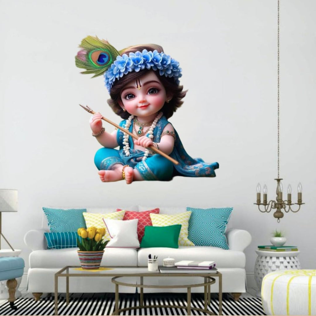 Lord Krishna Wall Sticker, Blue Floral Crown with Peacock Feather, Religious Home Decor, 45x60 cm