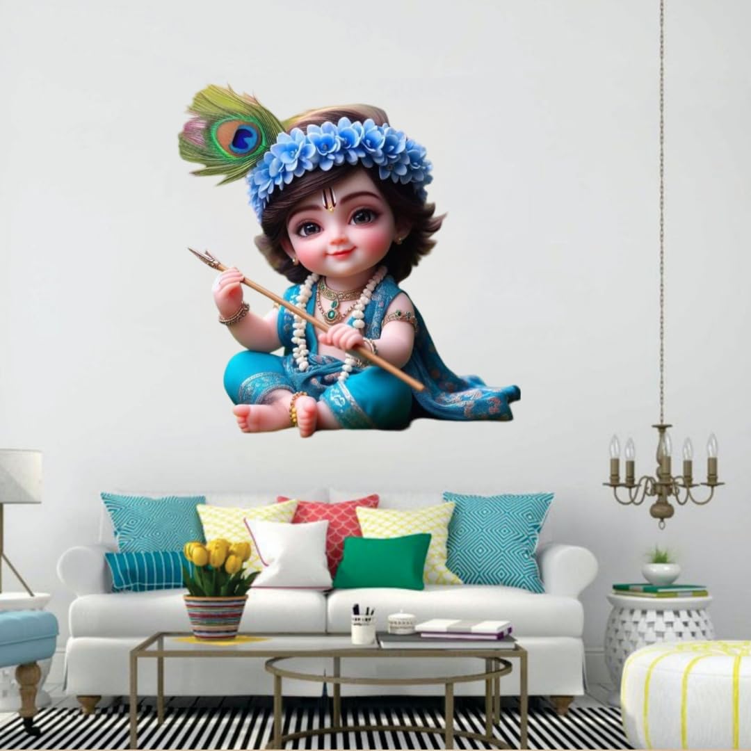 Lord Krishna Wall Sticker, Blue Floral Crown with Peacock Feather, Religious Home Decor, 45x60 cm