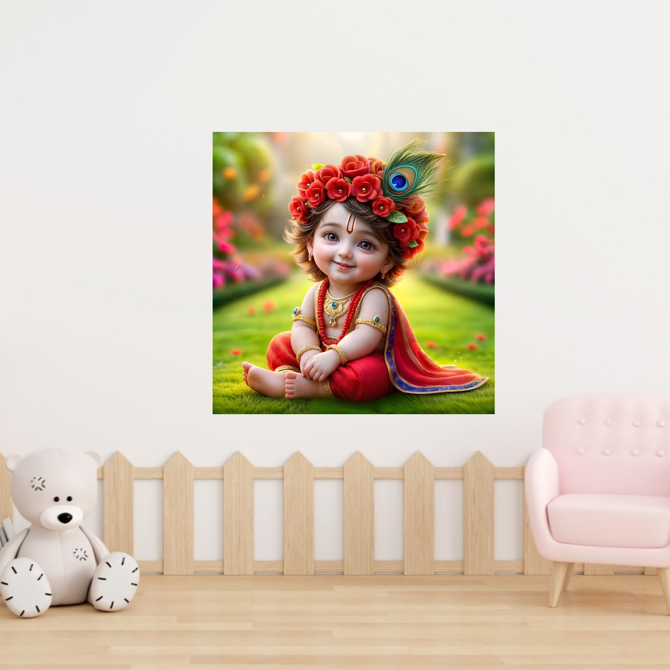 Baby Krishna Poster | Spiritual Wall Décor with Peacock & Floral Charm | Premium Art for Living Room, Bedroom & Prayer Room | Vibrant Colors & Intricate Detailing | Perfect Home Décor | 40 x 40 cm