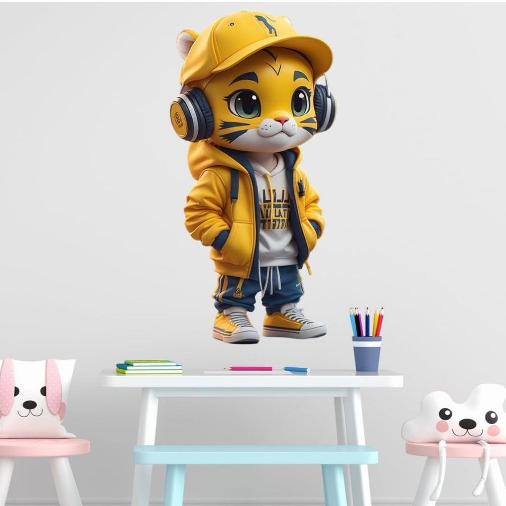 Cartoon Tiger Wall Sticker, Cute Sports Style Character with Headphones, Yellow Hoodie Design, Modern Room Decoration Wall Sticker