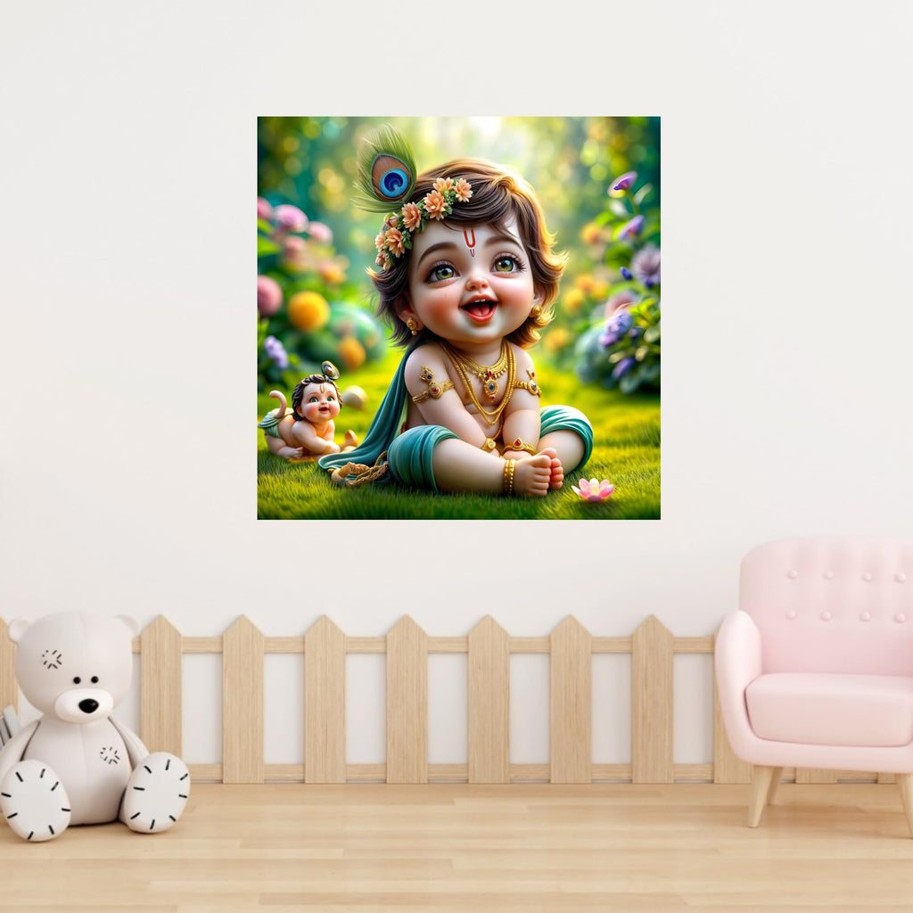Baby Krishna Wall Sticker | Divine Décor with Flute, Peacock Feather & Gold Jewelry | Premium PVC Vinyl Material | Perfect for Living Room, Bedroom, Prayer Area | Dimensions: 40 x 40 cm