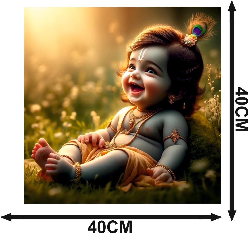 Baby Krishna Wall Sticker | Divine Décor Featuring Peacock Feather, Flute & Traditional Jewelry | Premium PVC Vinyl | Vibrant | Ideal for Living Room, Bedroom & Prayer Area | 40 x 40 cm
