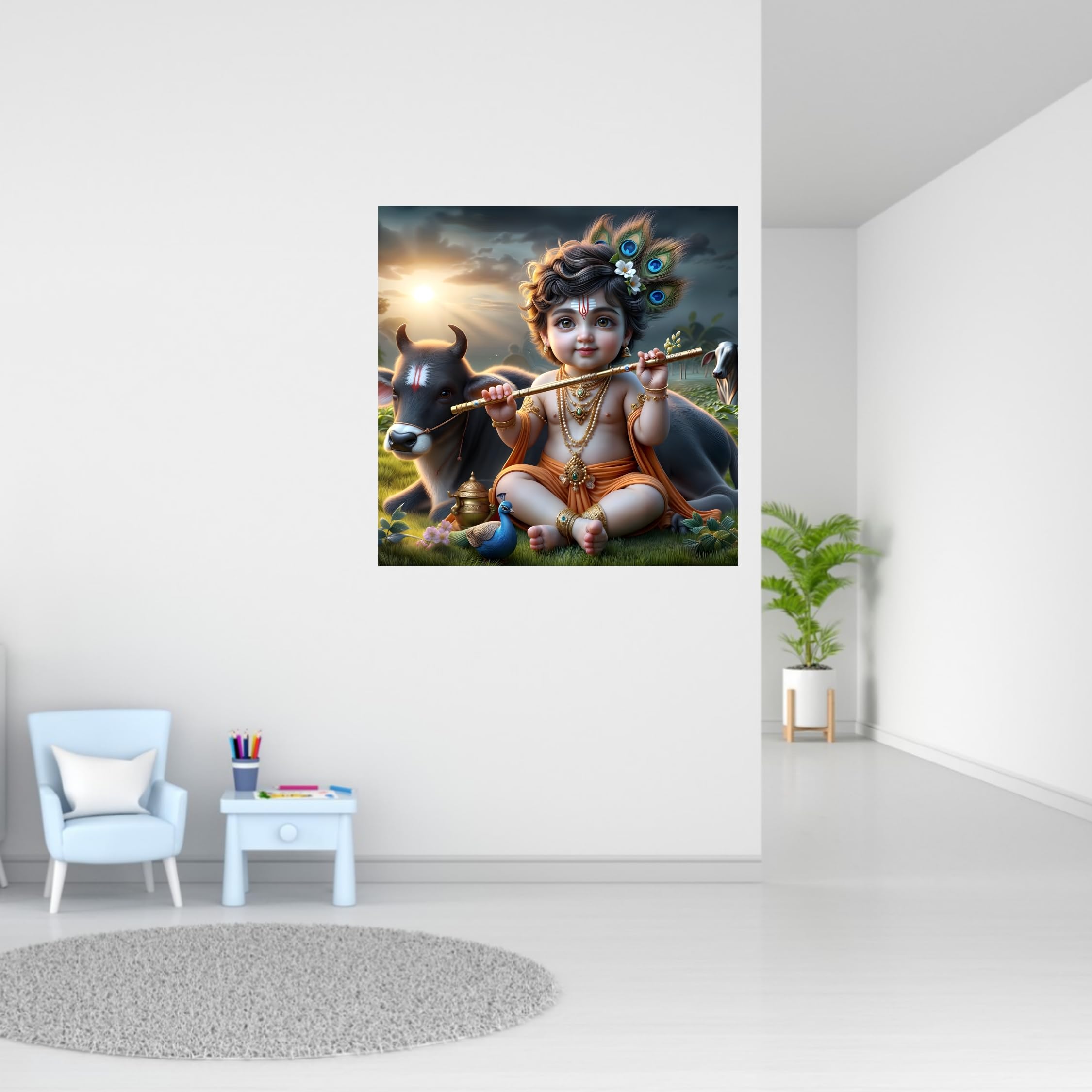 Cryptofeno Divine Baby Krishna Wall Art Poster - Artistic Décor with Peacock & Spiritual Charm - Premium Print for Prayer Room, Living Room & Bedroom - Vibrant Colors & Intricate Details - 40 x 40cm