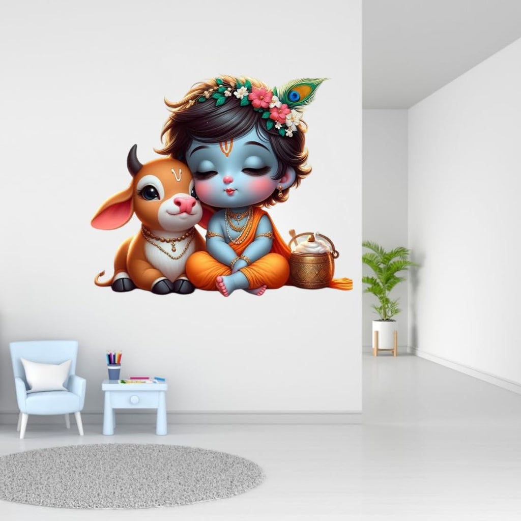 Hindu Deity Krishna with Cow Wall Sticker, Large Decorative Sticker for Living Room, Multicolour