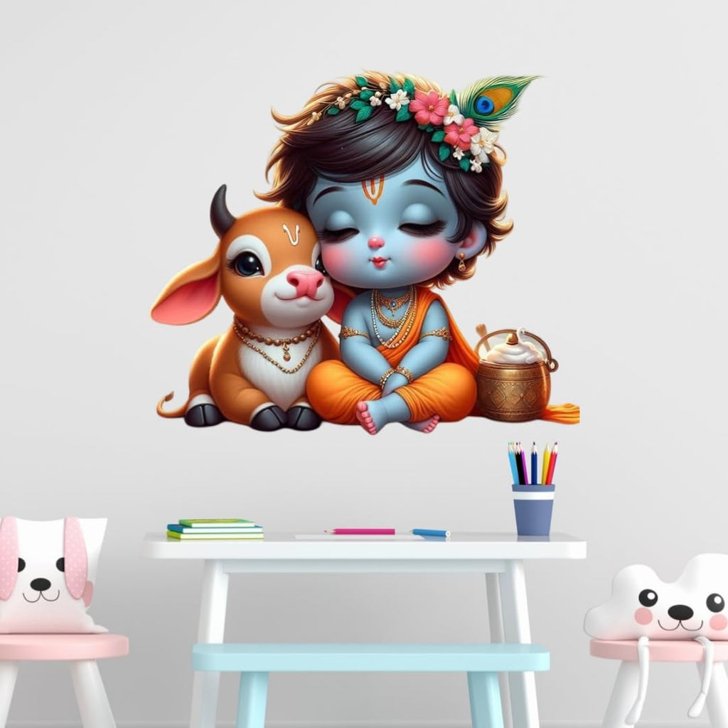 Hindu Deity Krishna with Cow Wall Sticker, Large Decorative Sticker for Living Room, Multicolour