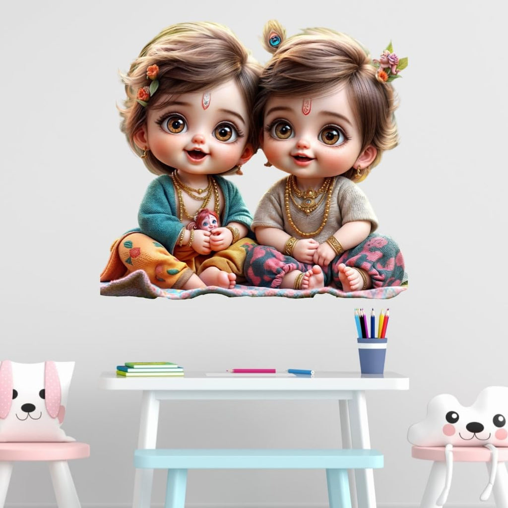Cute Krishna Balram Wall Sticker, Large Decorative Sticker for Children's Study Room, Nursery Wall Art with Floral Accents