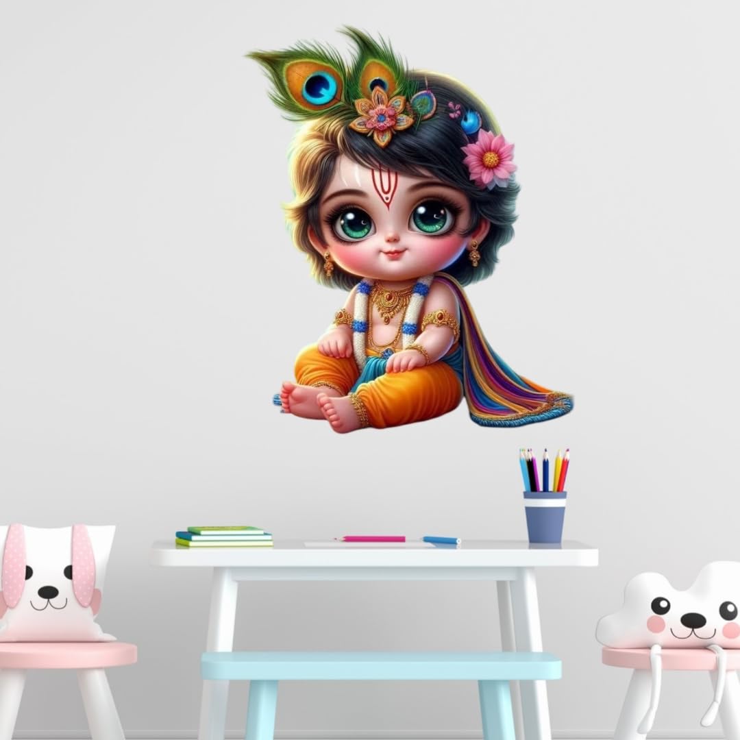 Cute Krishna Wall Sticker, Large Decorative Sticker for Living Room, Multicolour