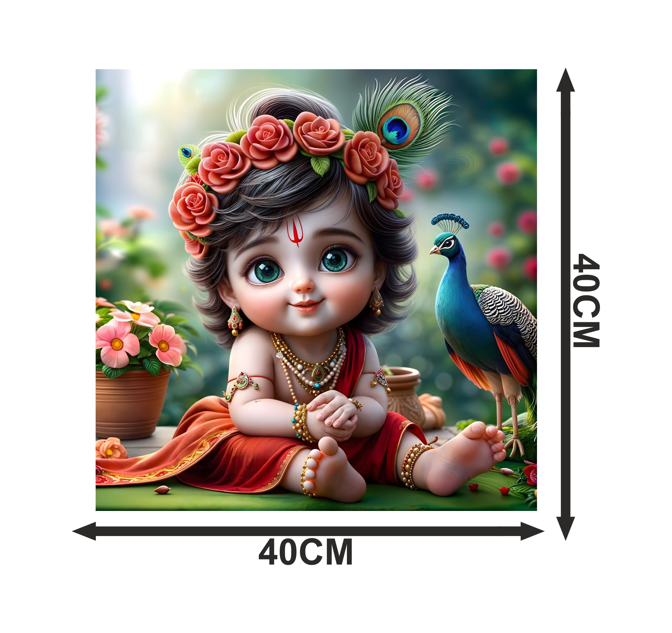 Cryptofeno Divine Baby Krishna Poster | Artistic Décor with Peacock & Floral Background | Premium Vinyl for Living Room, Bedroom Pooja Room | Size 40 x 40 cm
