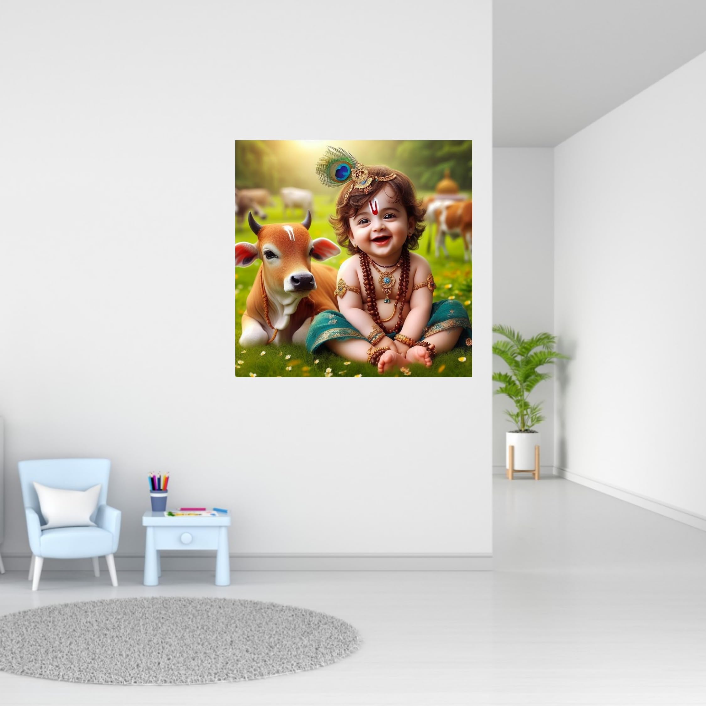 Cryptofeno Traditional Krishna Poster Wall Sticker Art Print with Cow, Religious Spiritual Decor Photography, 40 x 40cm