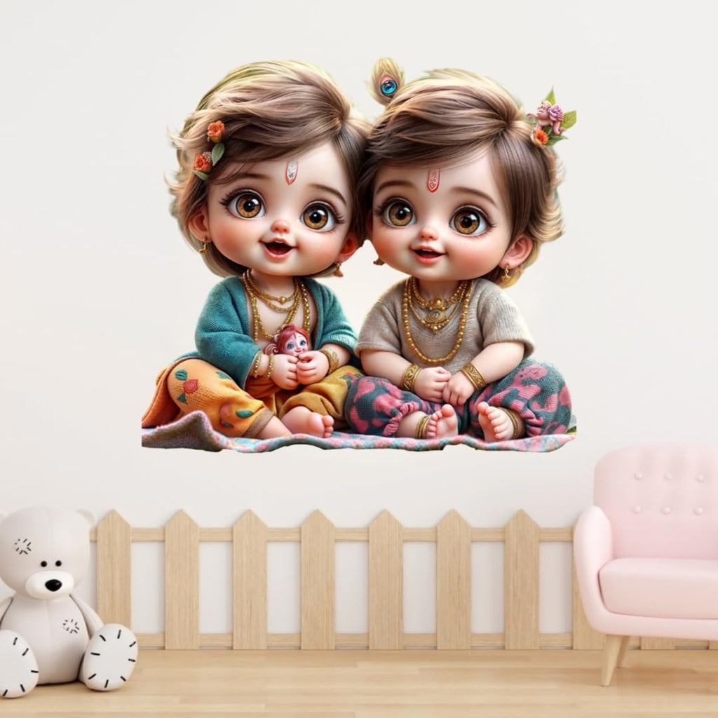 Cute Krishna Balram Wall Sticker, Large Decorative Sticker for Children's Study Room, Nursery Wall Art with Floral Accents