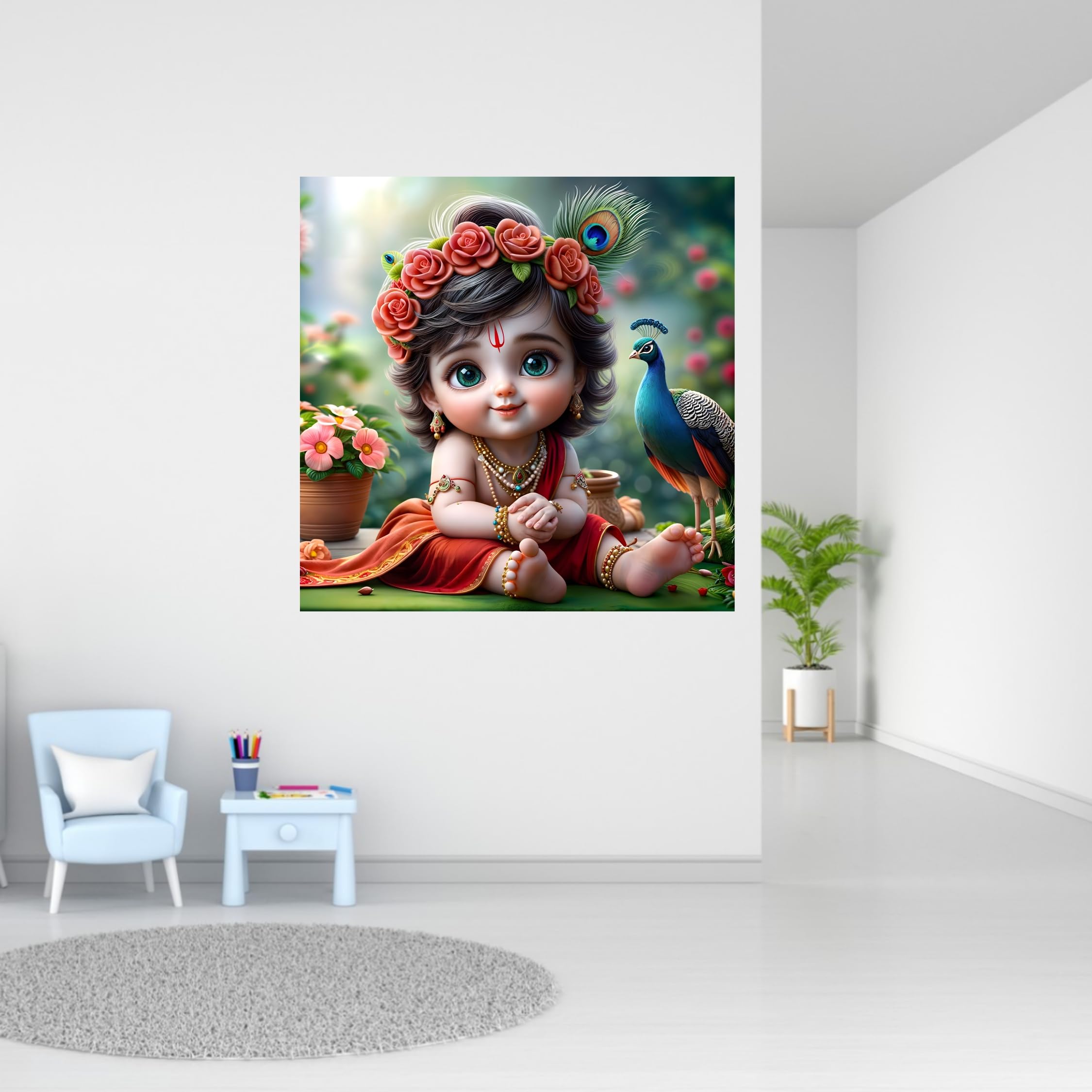 Cryptofeno Divine Baby Krishna Poster | Artistic Décor with Peacock & Floral Background | Premium Vinyl for Living Room, Bedroom Pooja Room | Size 40 x 40 cm