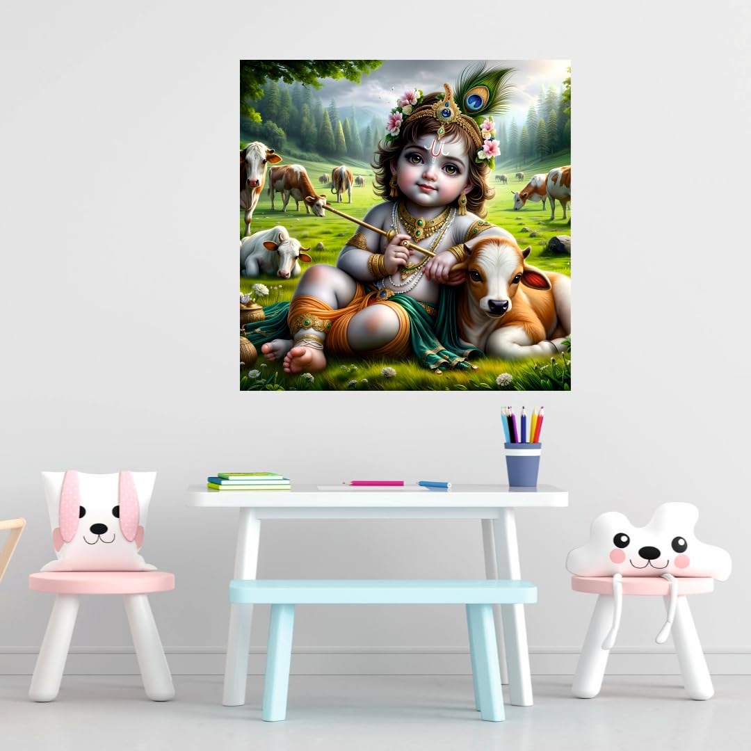 Cryptofeno Baby Krishna Wall Poster - Artistic Spiritual Décor with Flute, Cow & Peacock - Vibrant Colors for Home & Sacred Spaces - Premium Material 40 x 40 cm