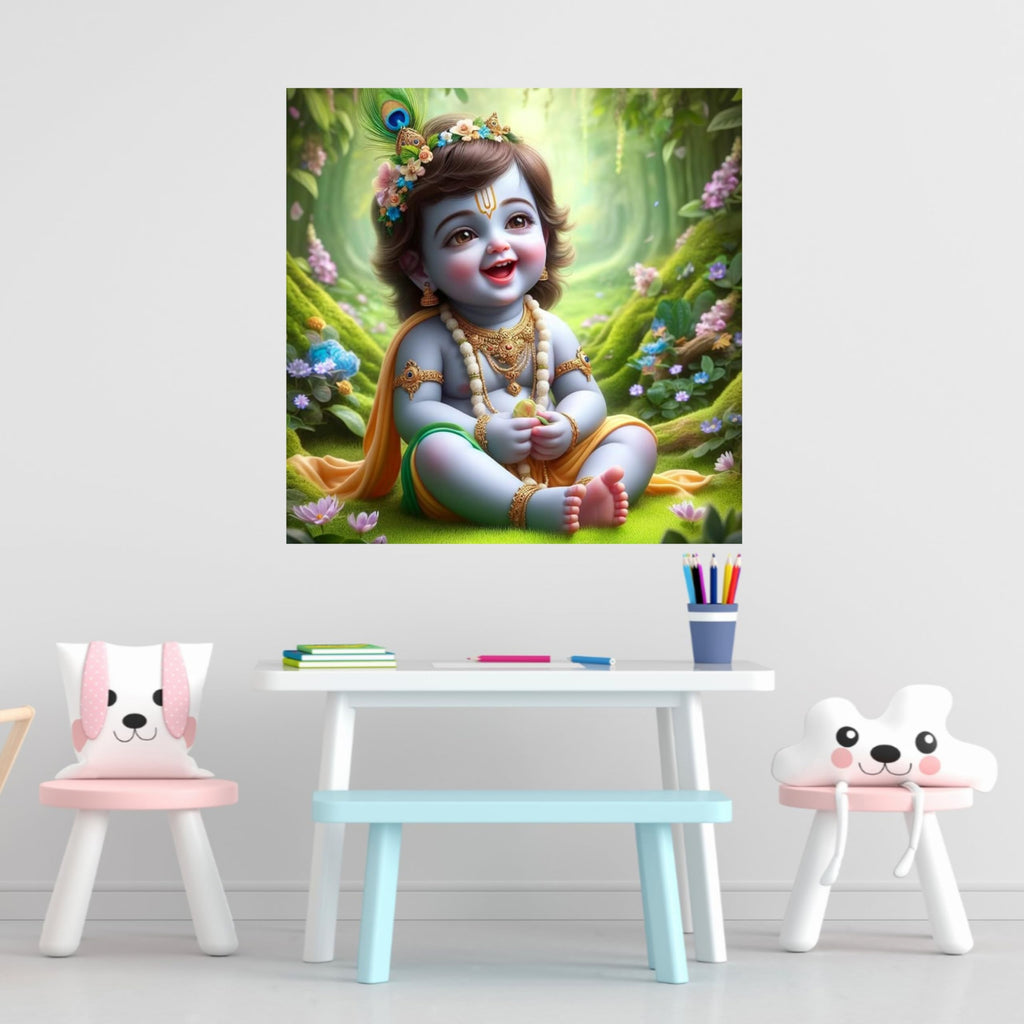 Divine Baby Krishna Wall Sticker Elegant Spiritual Décor for Home, Living Room, Bedroom & Prayer Area Premium PVC Vinyl with Self-Adhesive Design Easy to Apply & Remove 40 x 40 cm Dimensions