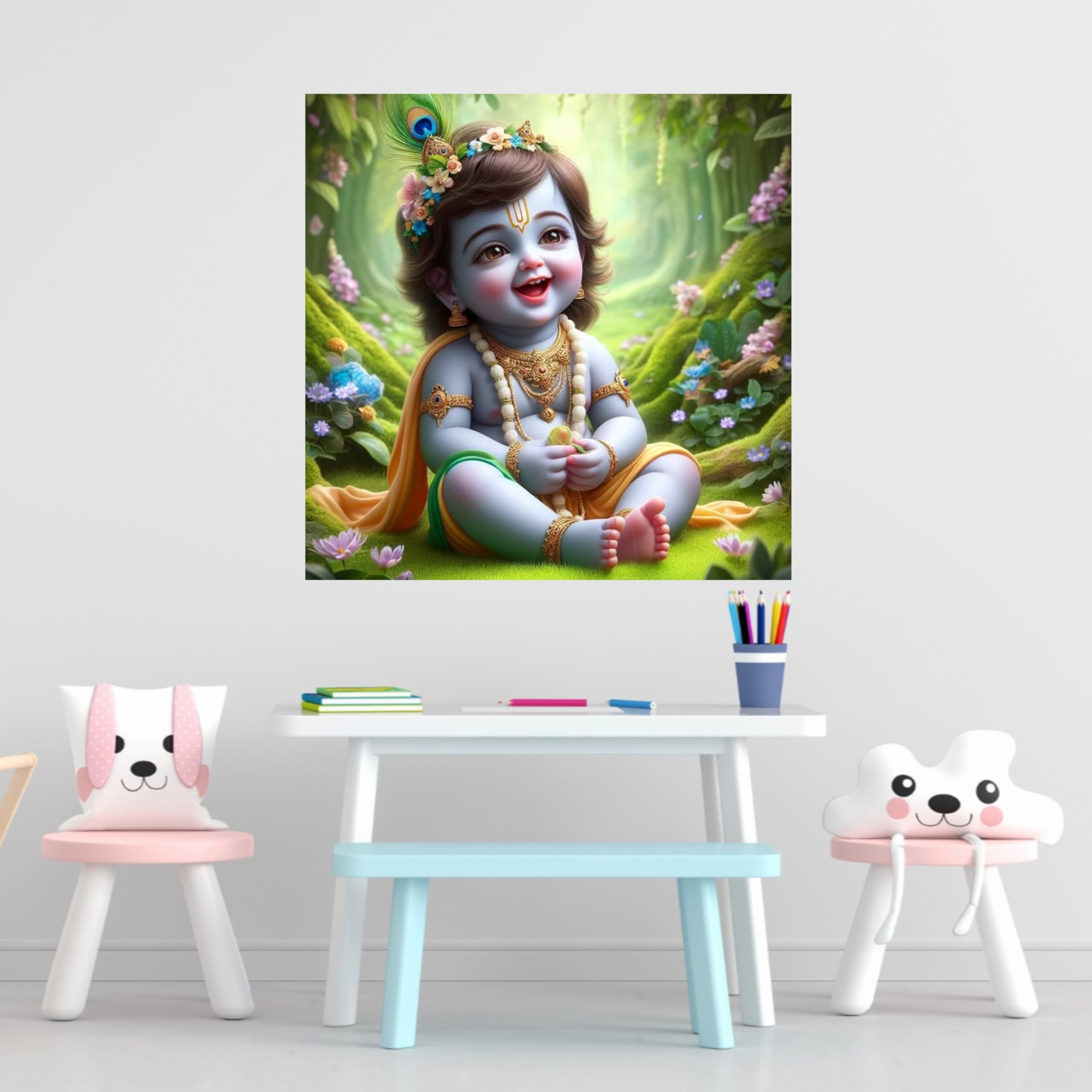 Divine Baby Krishna Wall Sticker Elegant Spiritual Décor for Home, Living Room, Bedroom & Prayer Area Premium PVC Vinyl with Self-Adhesive Design Easy to Apply & Remove 40 x 40 cm Dimensions