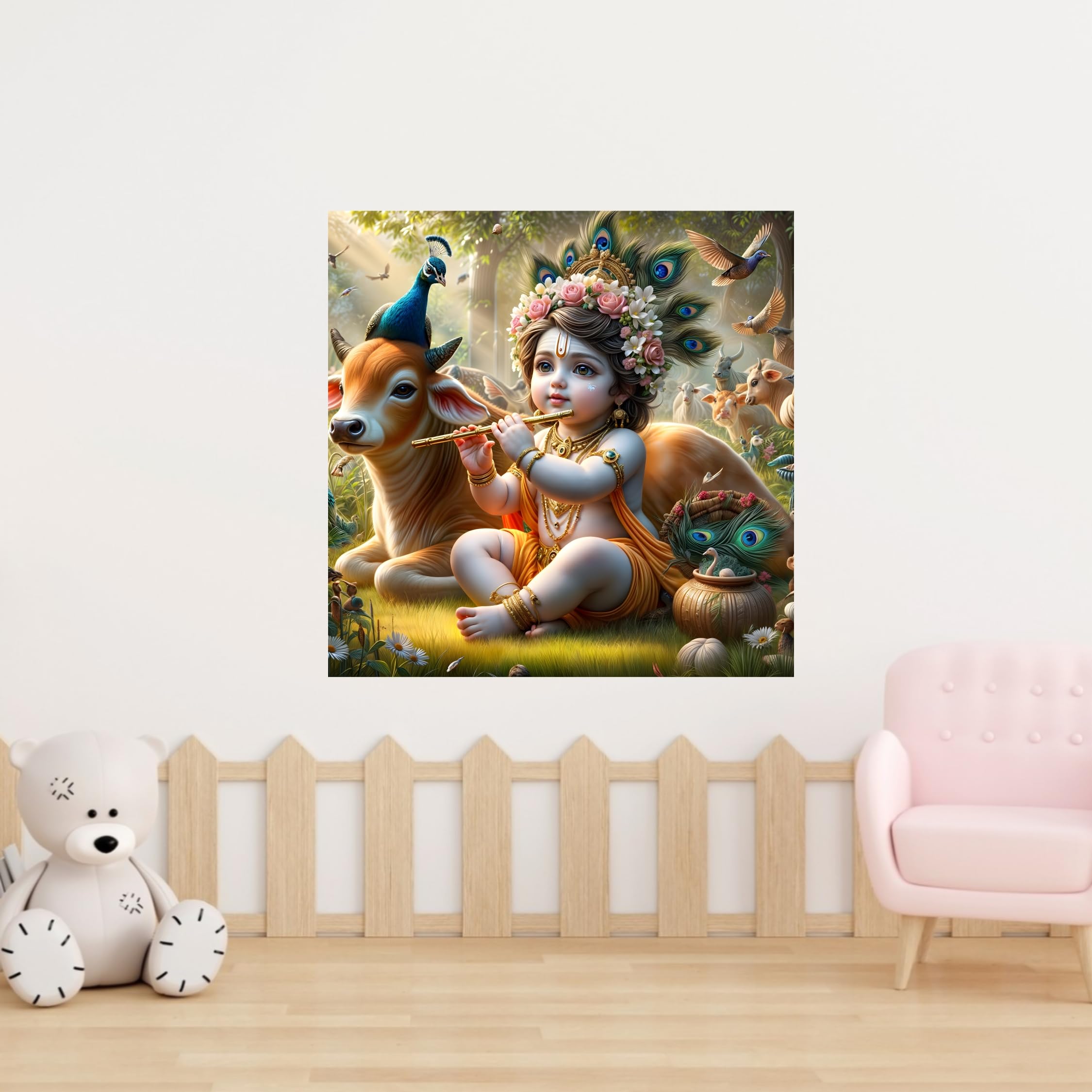 Cryptofeno Divine Baby Krishna Poster - Spiritual Wall Décor with Flute, Peacock & Floral Elegance - Perfect for Prayer Room, Living Room & Bedroom - Premium Print - Size 40 x 40 cm