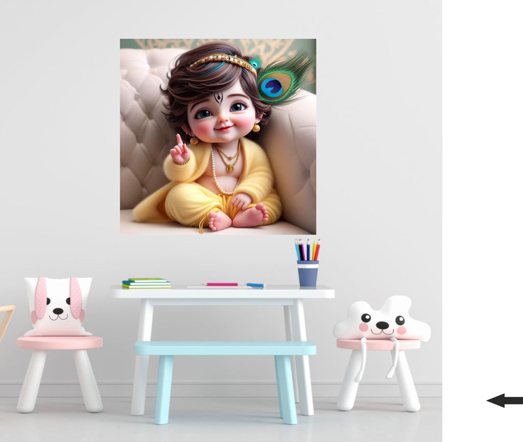 Divine Baby Krishna Poster Wall Sticker | Spiritual Décor for Home, Living Room & Prayer Area | Elegant Art with Peacock Feather, Flute & Jewelry | Premium PVC Vinyl | Size 40 x 40 cm