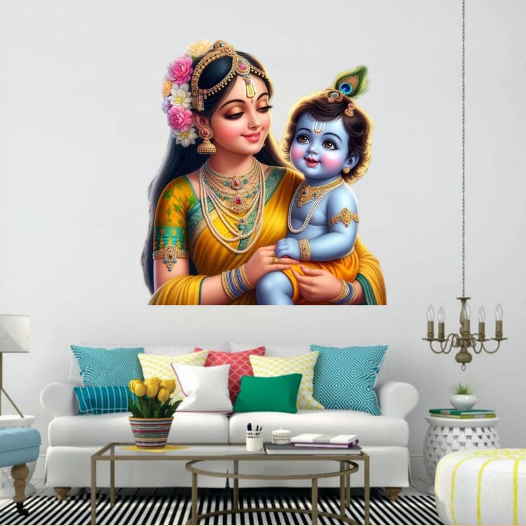 Hindu Devotional Wall Sticker, Krishna and Yashoda Decorative Sticker, Large Living Room Mural