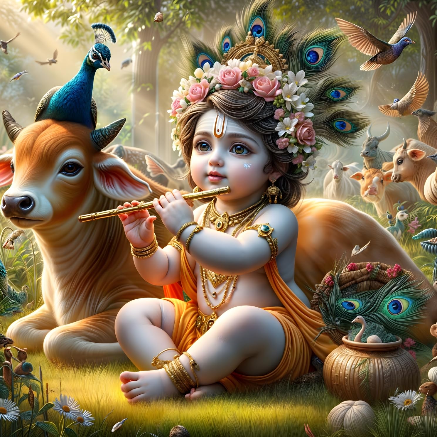 Cryptofeno Divine Baby Krishna Poster - Spiritual Wall Décor with Flute, Peacock & Floral Elegance - Perfect for Prayer Room, Living Room & Bedroom - Premium Print - Size 40 x 40 cm