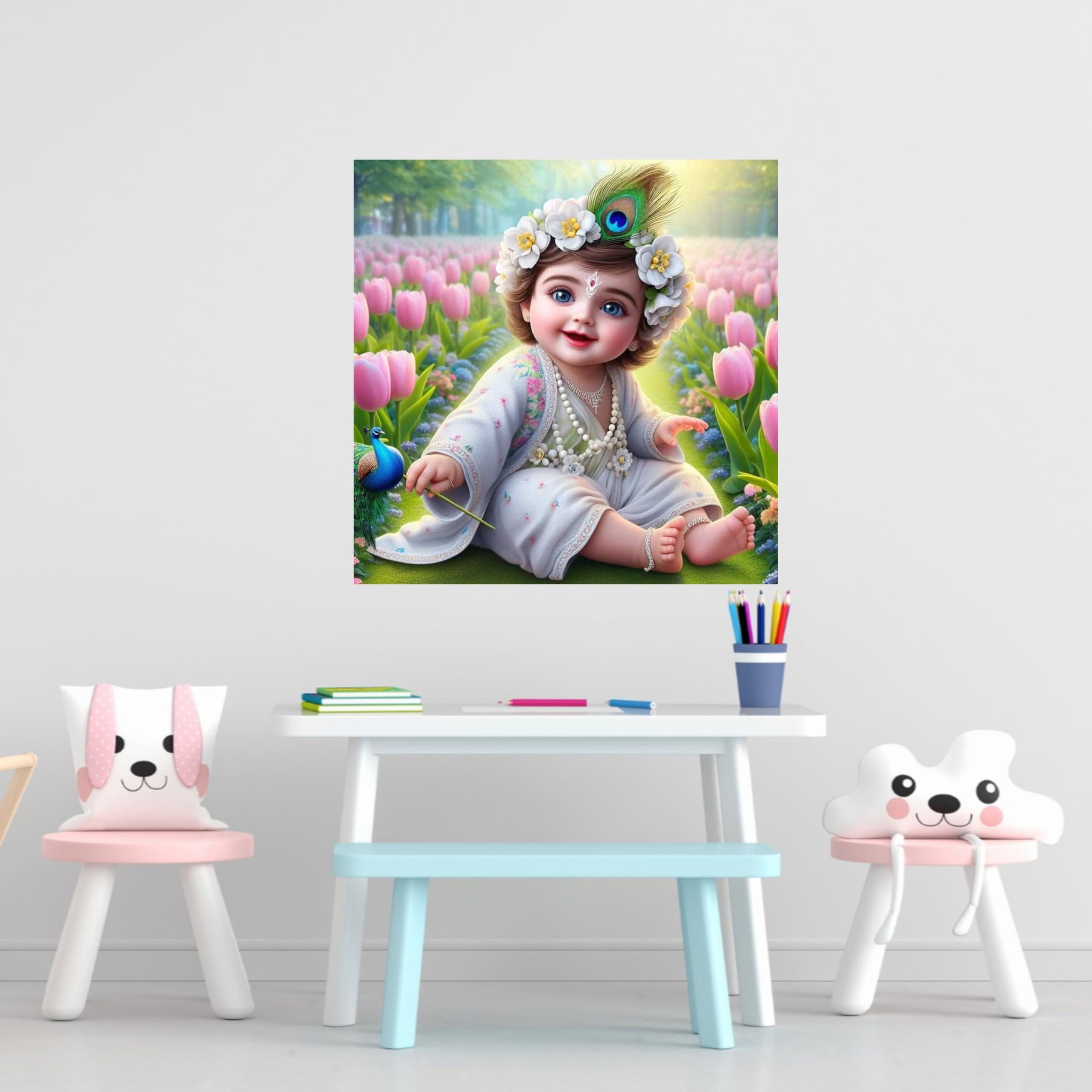 Cryptofeno Exquisite Lord Krishna Baby Poster - Divine Infant Art for Home Décor - Self Adhesive Vinyl Poster