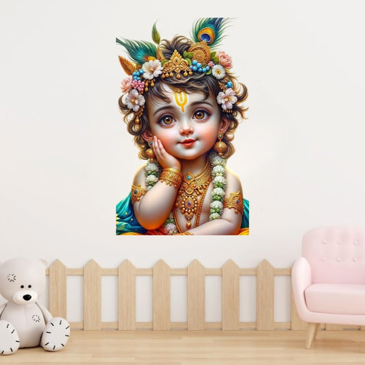 Decorative Hindu Religious Wall Sticker with Peacock Feather Crown and Ornate Jewellery, Traditional Spiritual Home Decor
