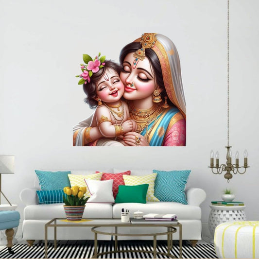 Cryptofeno Hindu Devotional Krishna Wall Sticker, Traditional Krishna and Yashoda Digital Print, Living Room Decor, Multicolour Krishna