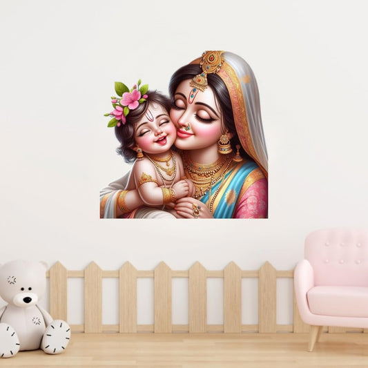 Cryptofeno Hindu Devotional Krishna Wall Sticker, Traditional Krishna and Yashoda Digital Print, Living Room Decor, Multicolour Krishna