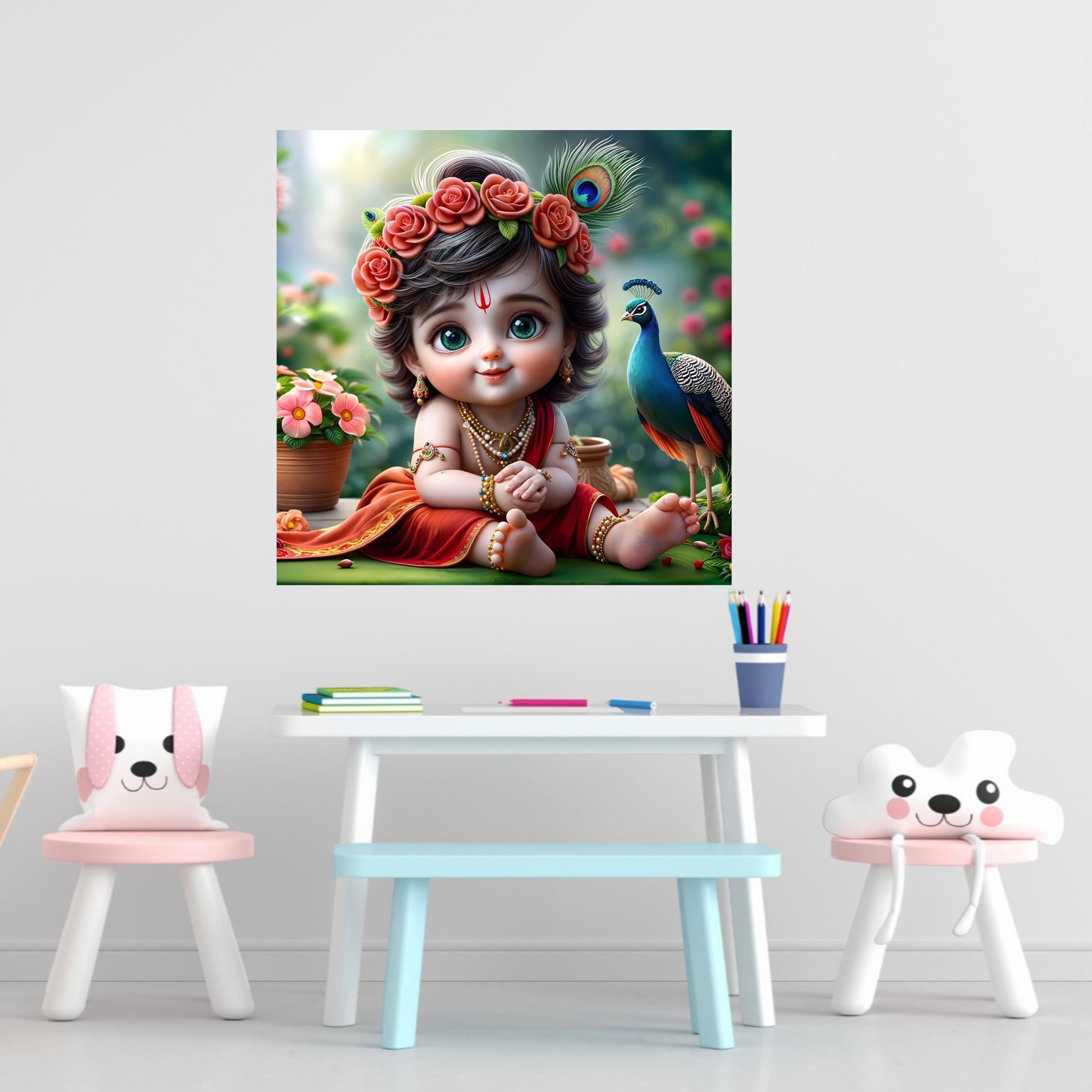 Cryptofeno Divine Baby Krishna Poster | Artistic Décor with Peacock & Floral Background | Premium Vinyl for Living Room, Bedroom Pooja Room | Size 40 x 40 cm